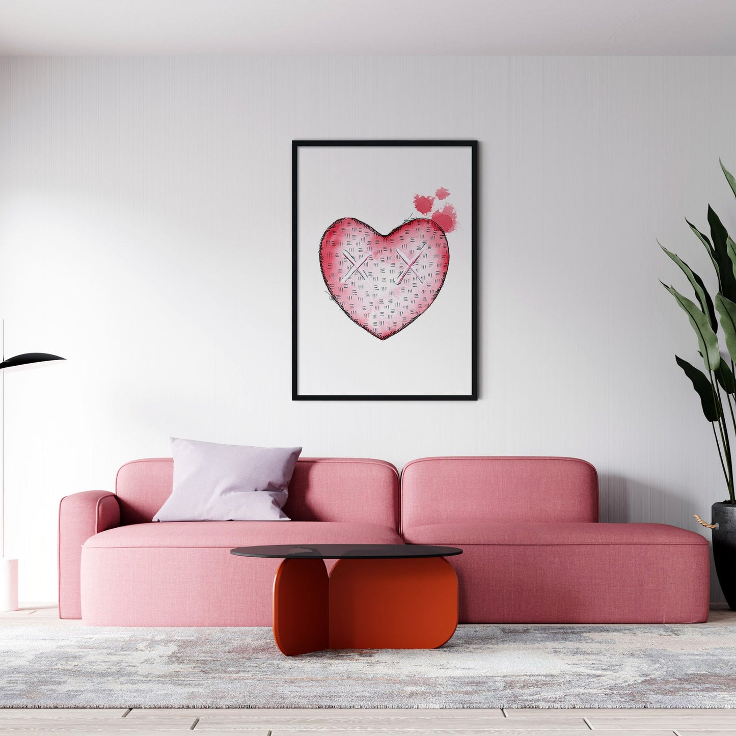 Interior decor with pop art print and pink sofa
