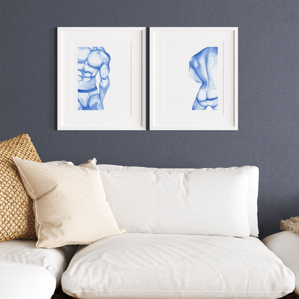 A set of 2 art prints featuring nude men painted in watercolor