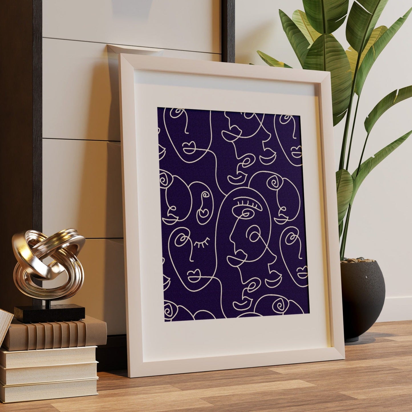 Navy Line Faces Print