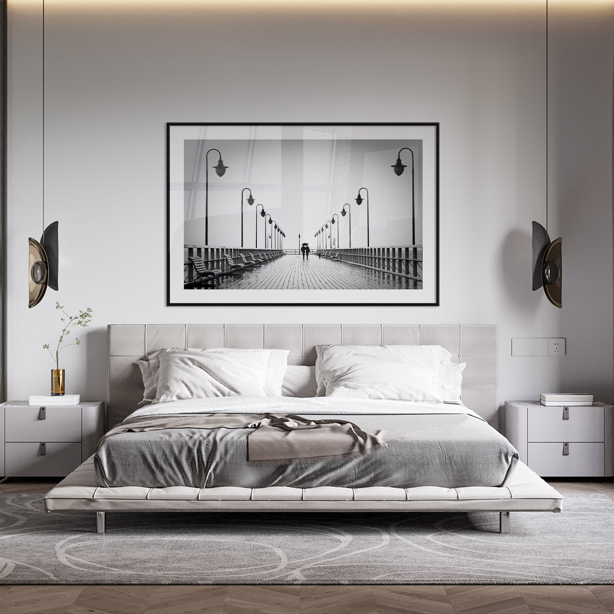 Bedroom decor with black and white framed print