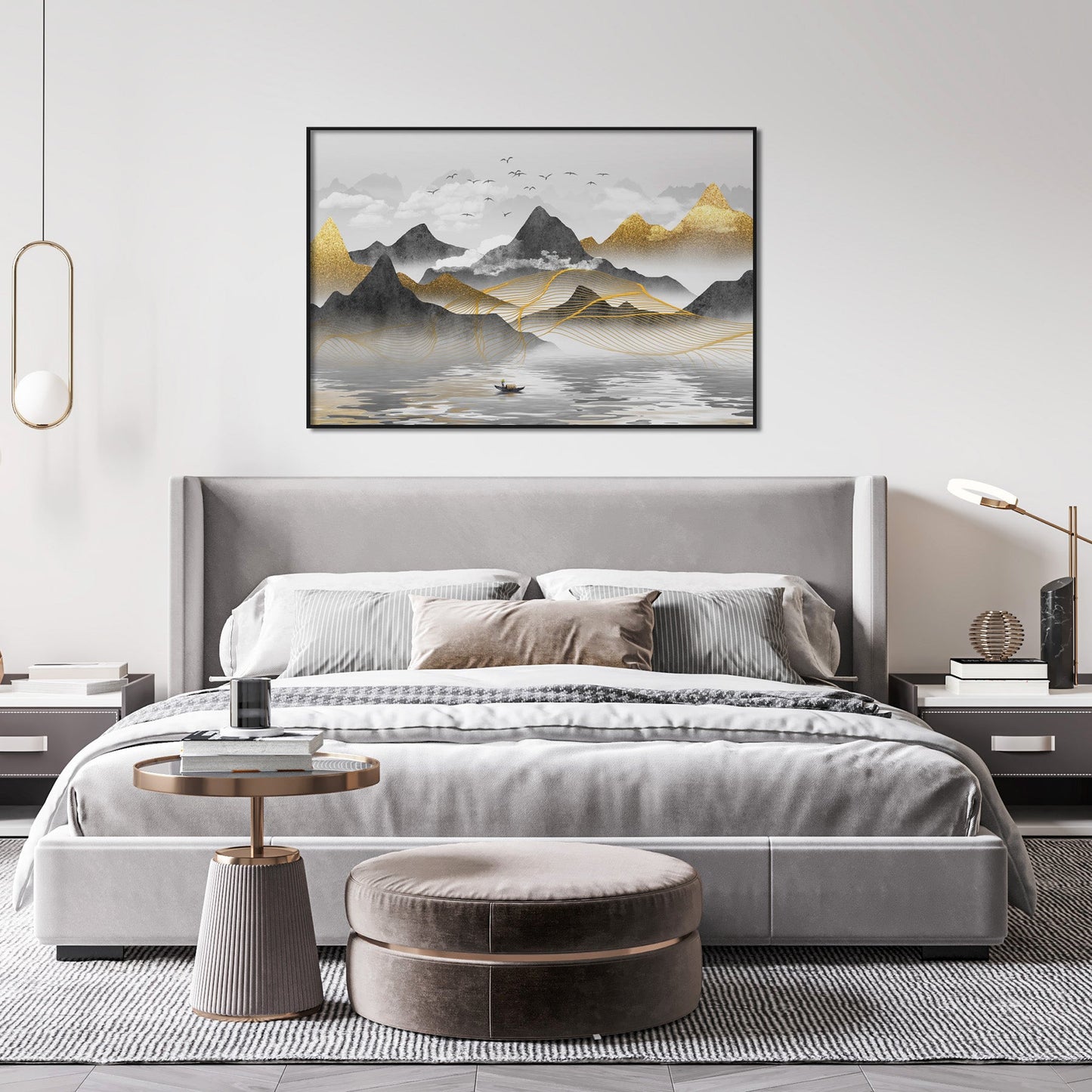 Modern bedroom decor with gold artwork