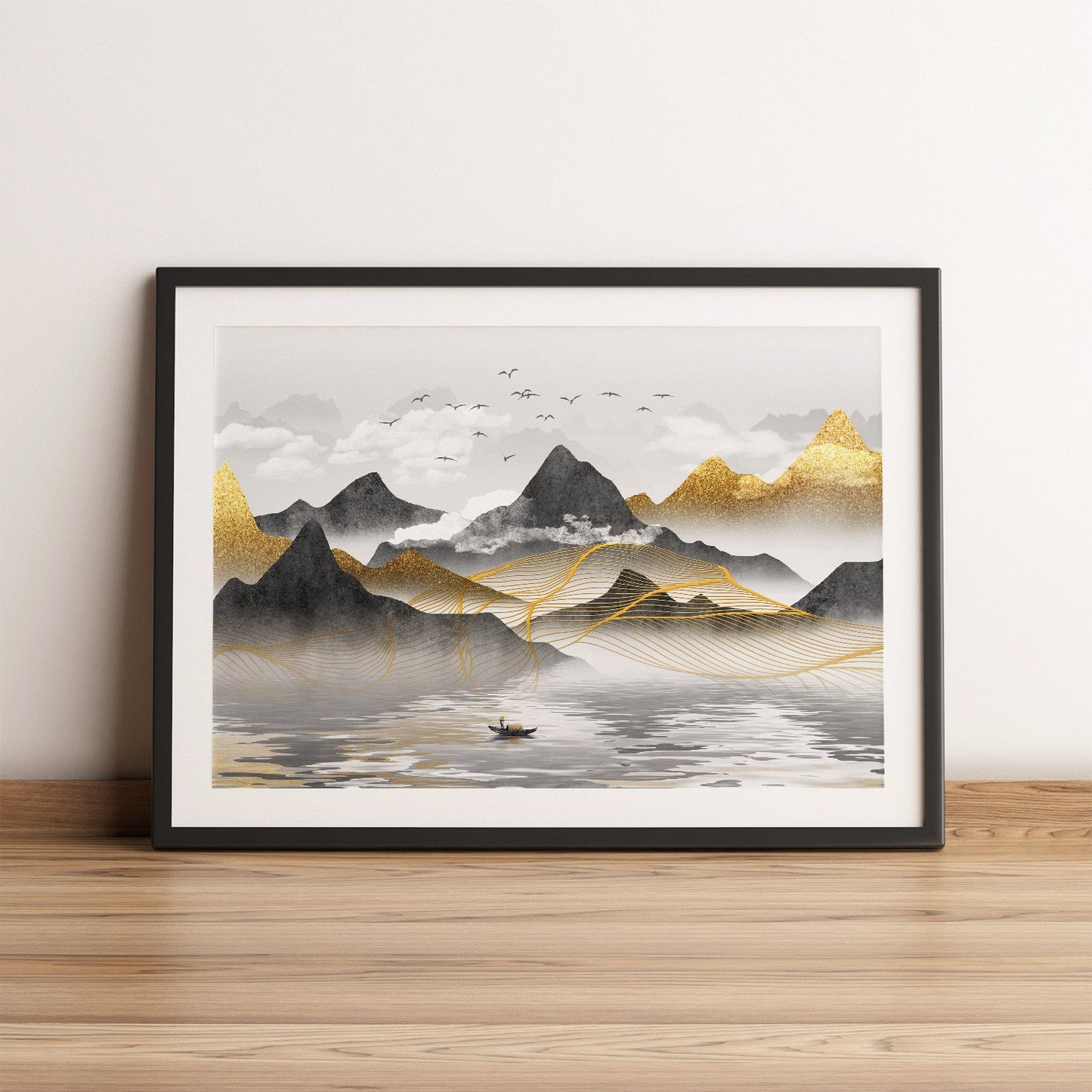 Framed print featuring grey and gold mountains and lake