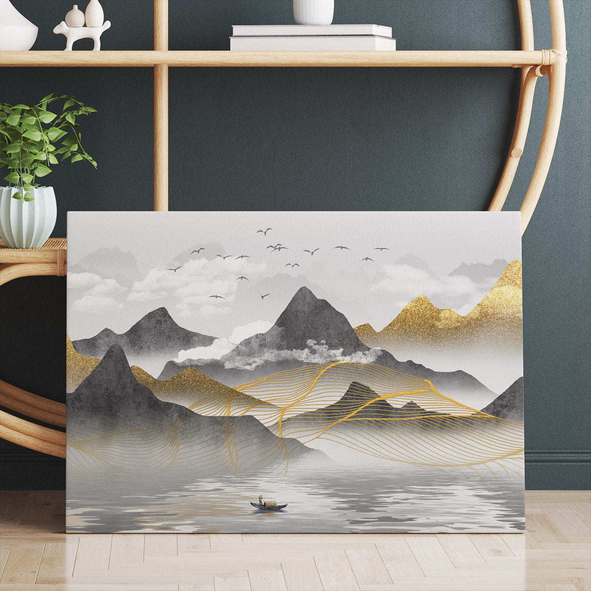 Canvas artwork featuring gold mountains and lake