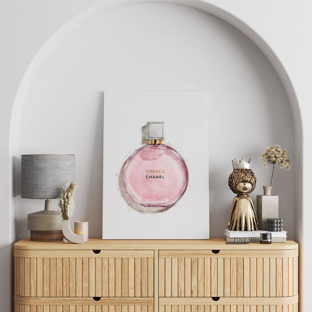 Fashion decor with a pink Chanel perfume bottle painting printed on canvas