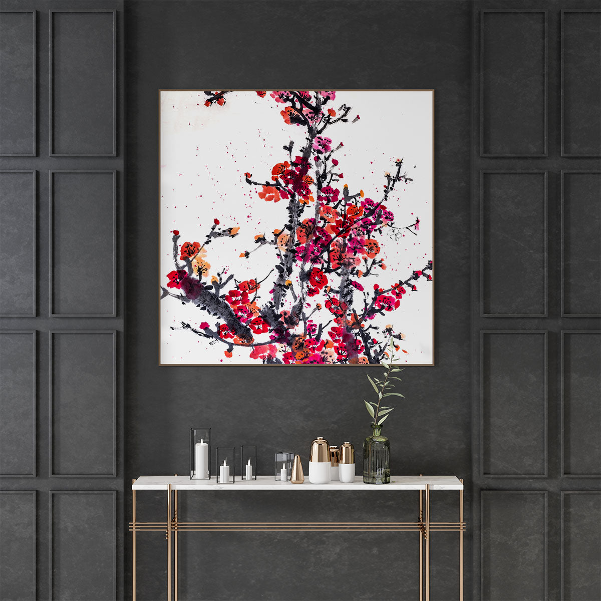 Square Japanese artwork of cherry blossoms in watercolor