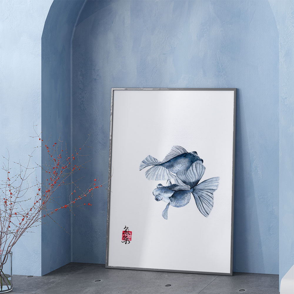 Blue fish art print in traditional Chinese style