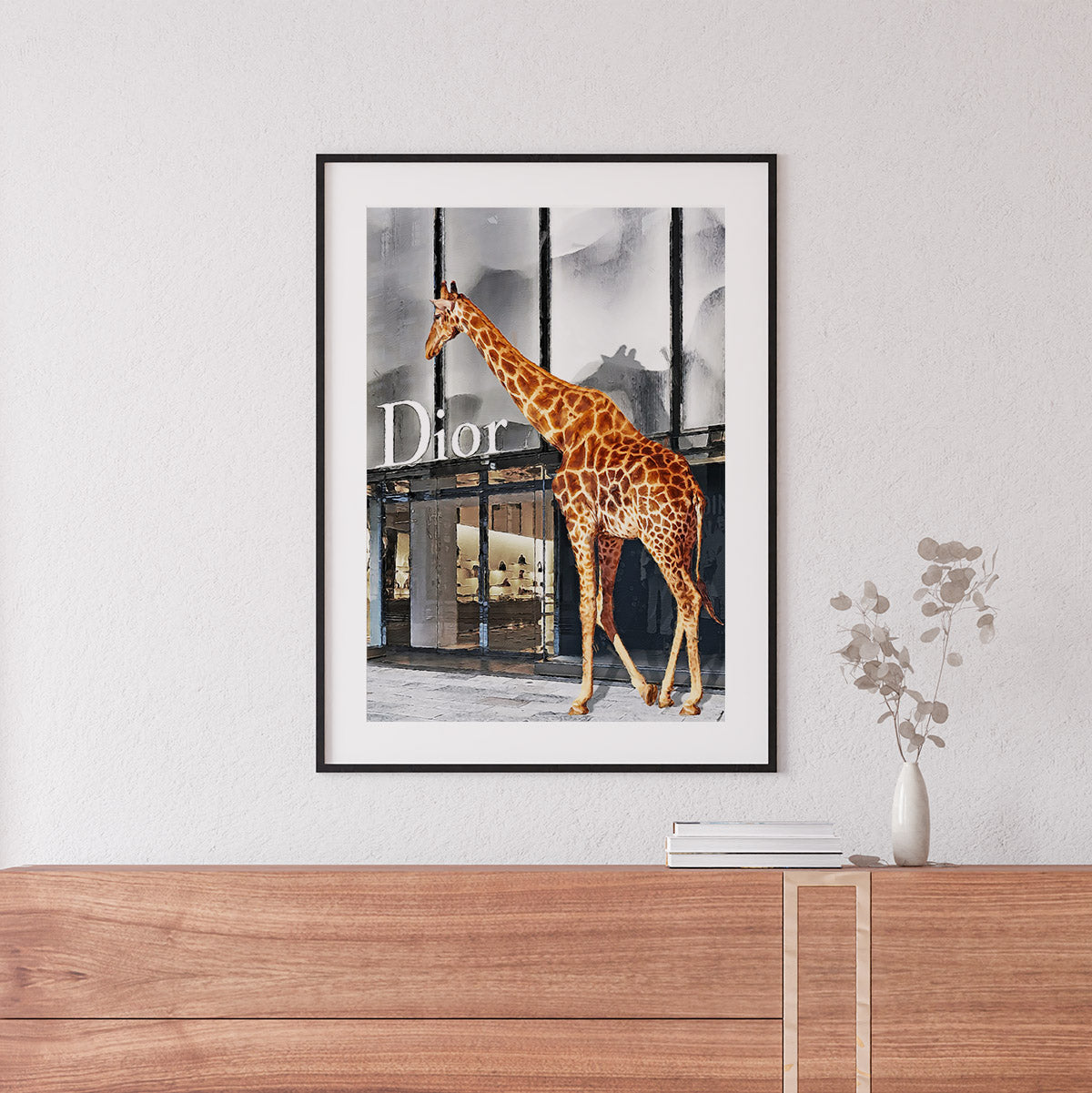 Sideboard decor with a framed Dior pop art print