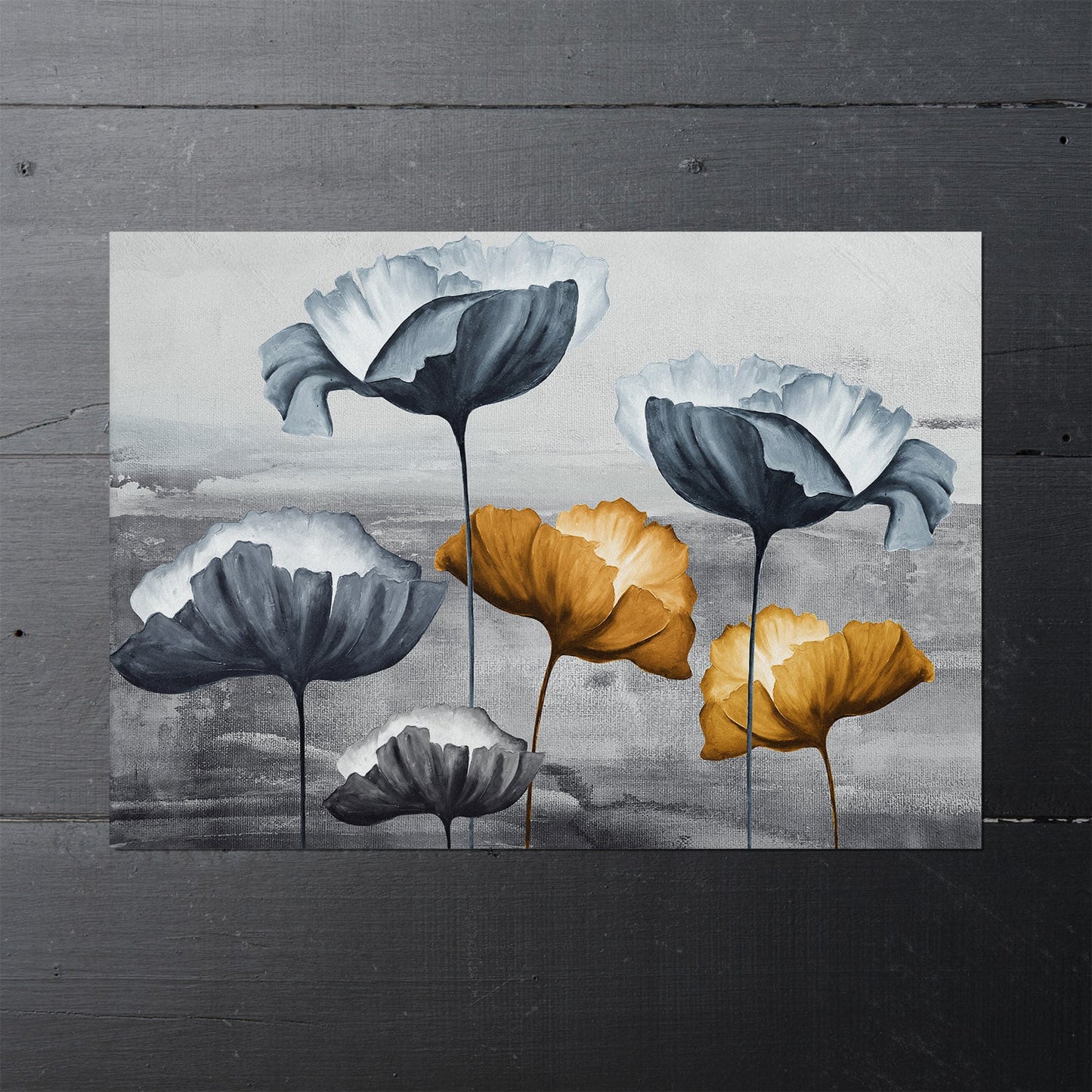 Poster print of an oil painting featuring flowers in blue, gold and grey.