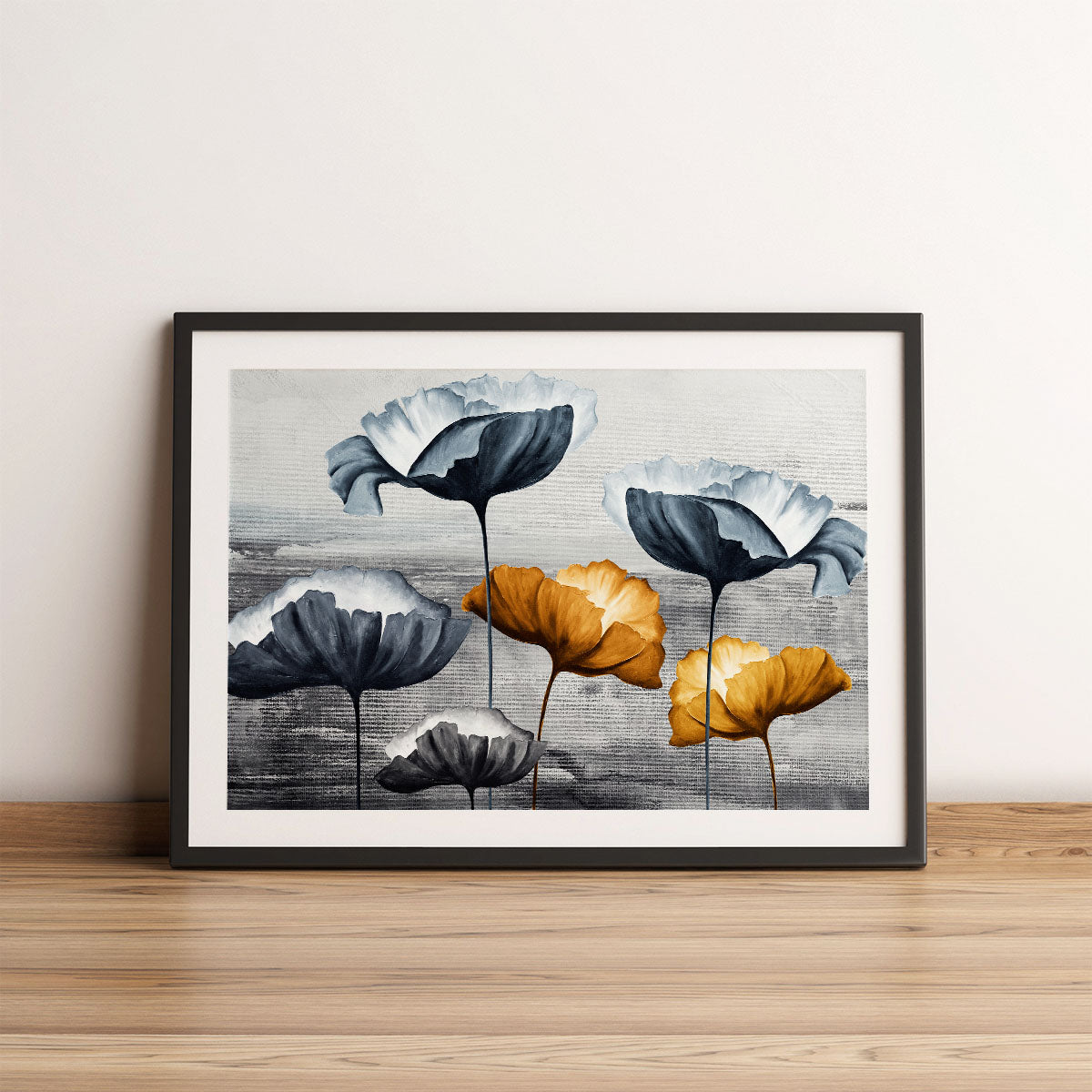 Framed print of an oil painting of gold flowers