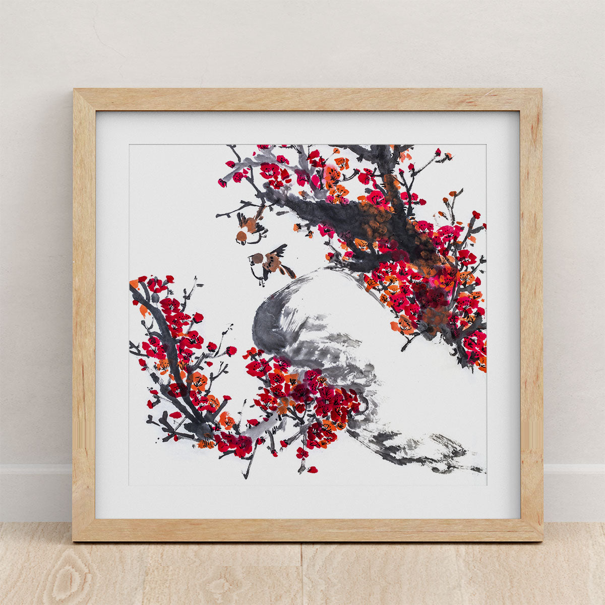 Japanese art print of birds in cherry blossoms
