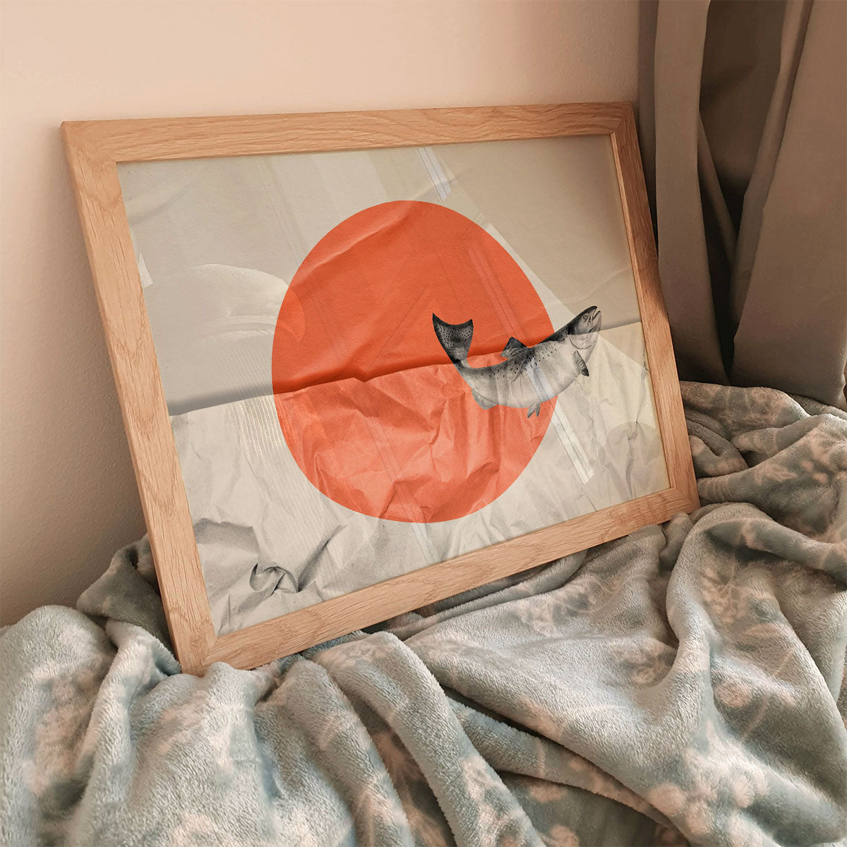 Artwork featuring a salmon on crinkled paper