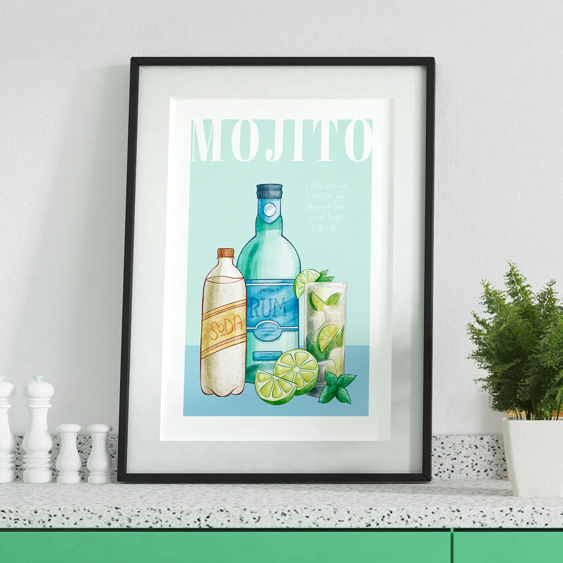 Mojito cocktail poster framed in a kitchen