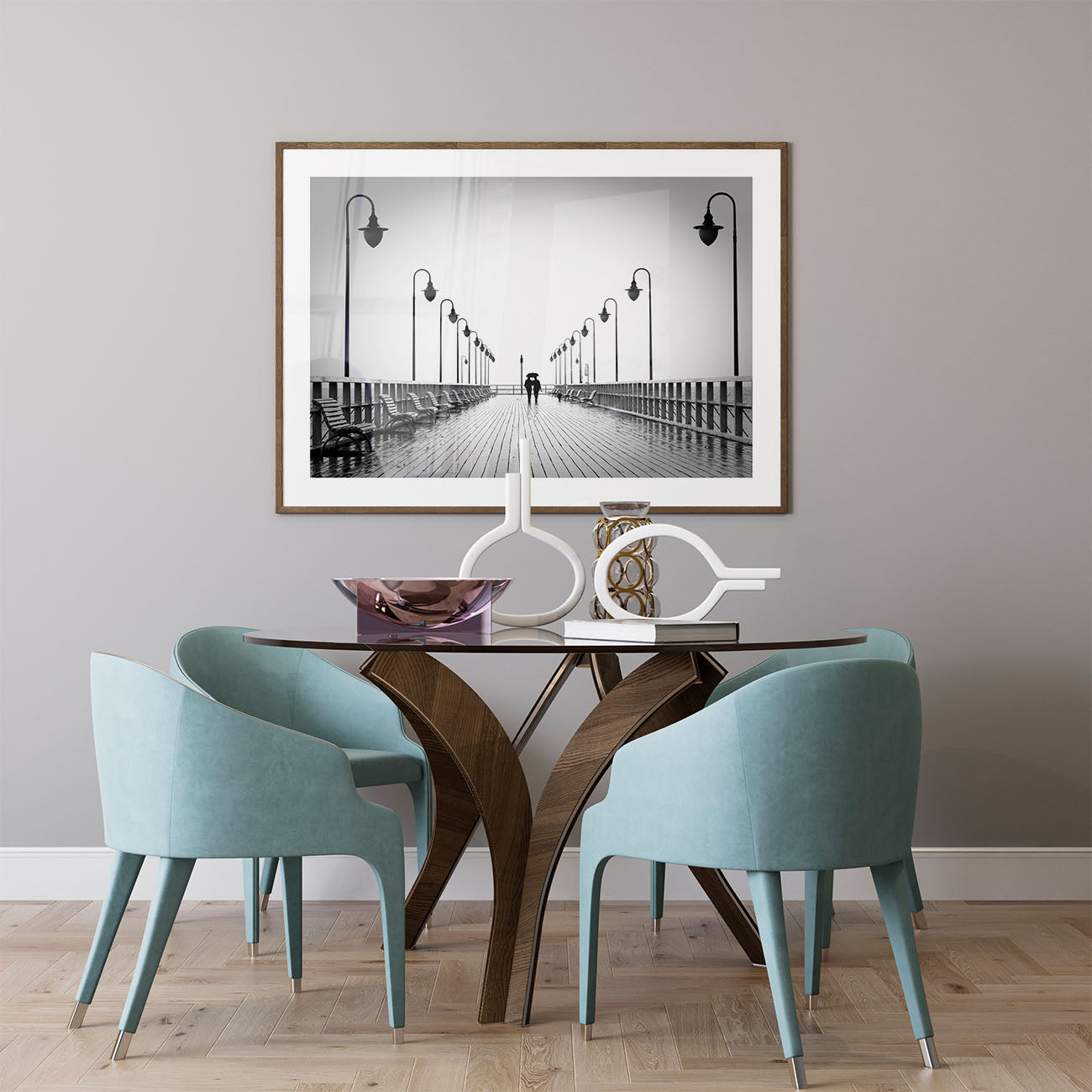 Dining room decor with black and white photography print