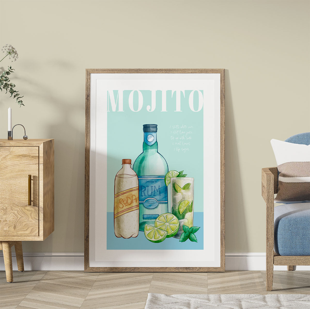 Living room decor with a mojito cocktail art print