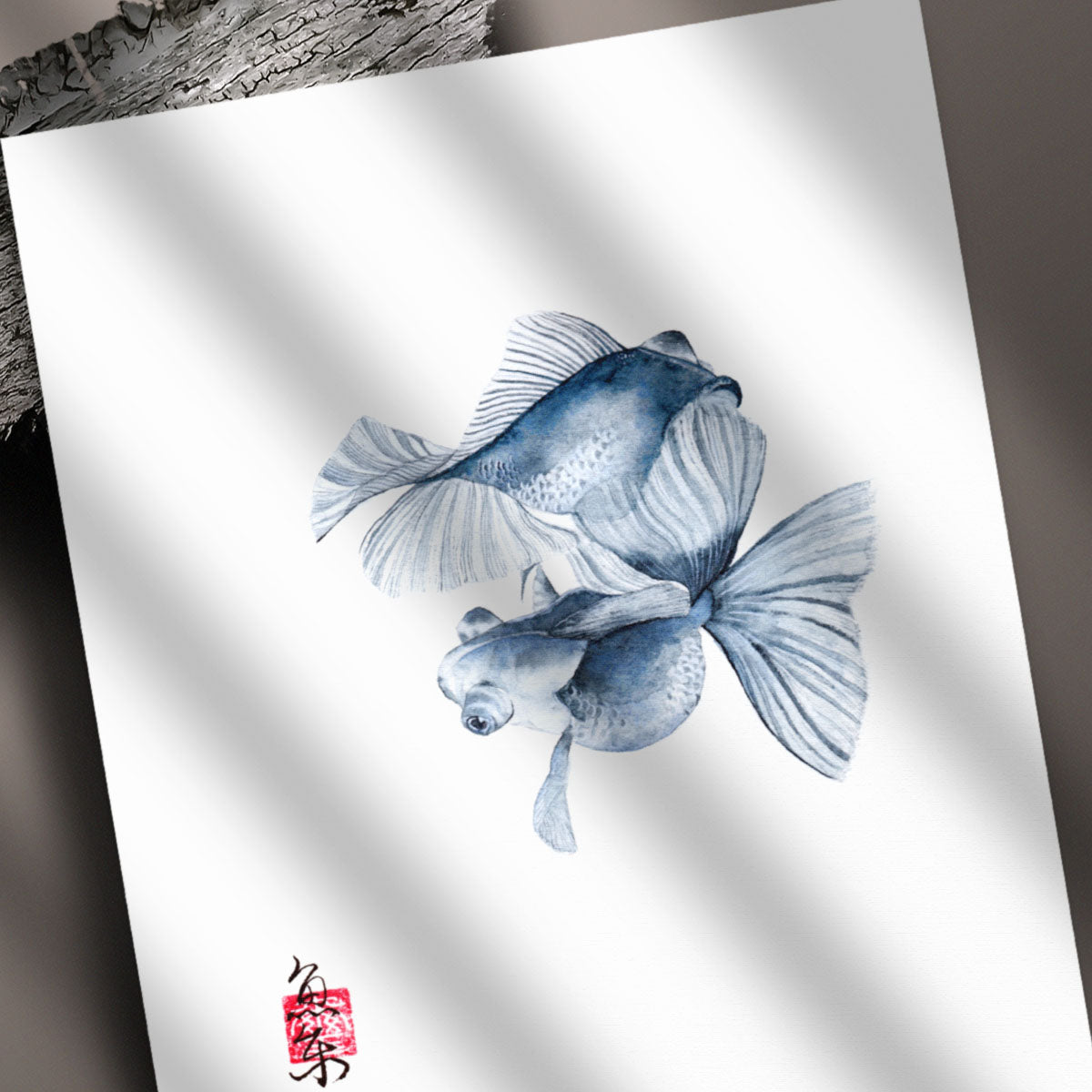 Chinese gold fish art print in watercolor with calligraphy