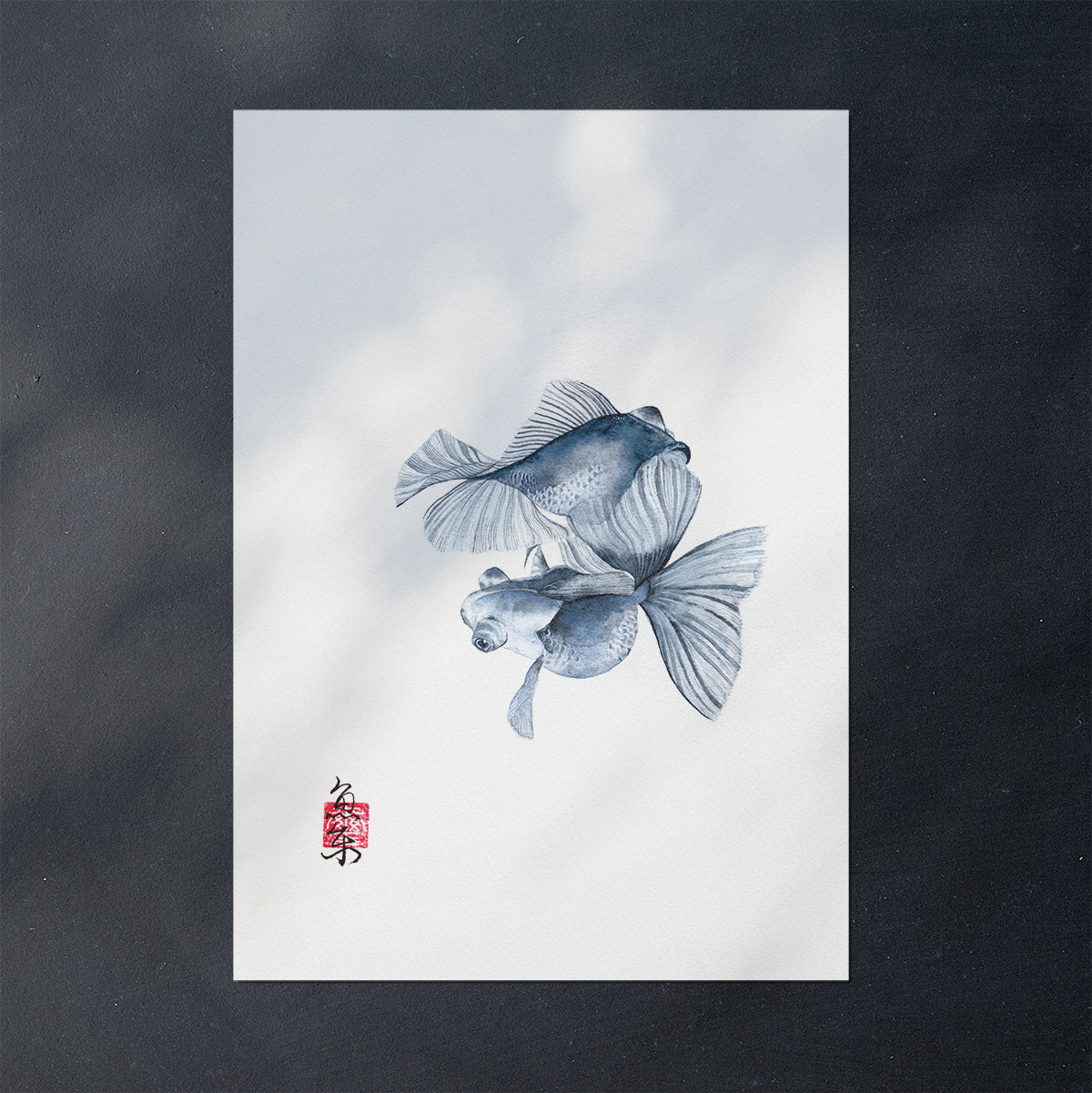 Gold fish art print in blue