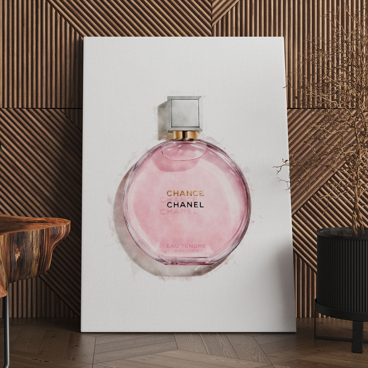Wall art canvas featuring a Chanel perfume bottle in pink