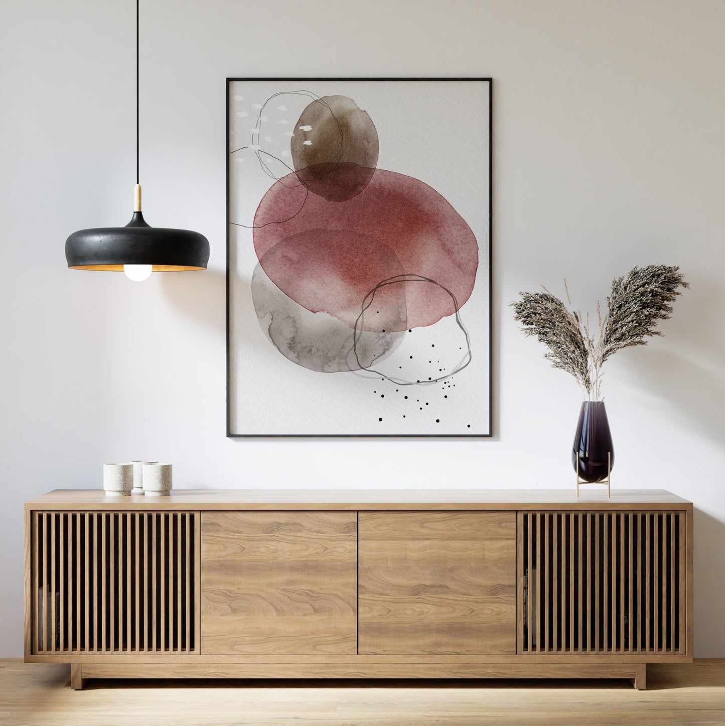 Mid century modern interior with a framed abstract print