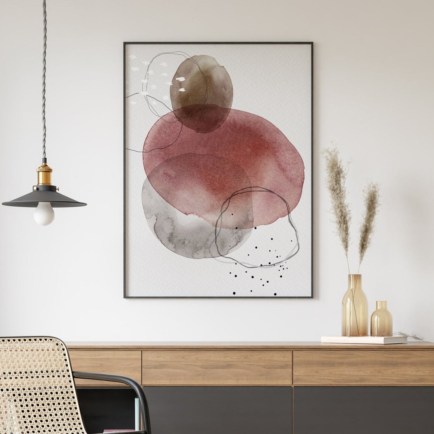 Abstract art print in red and black