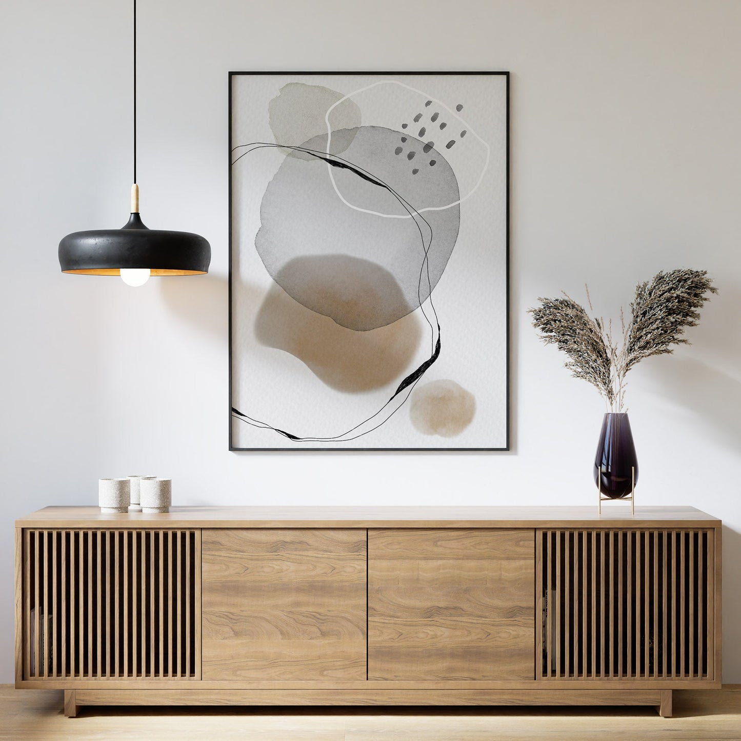 Scandinavian interior with sideboard and abstract art print
