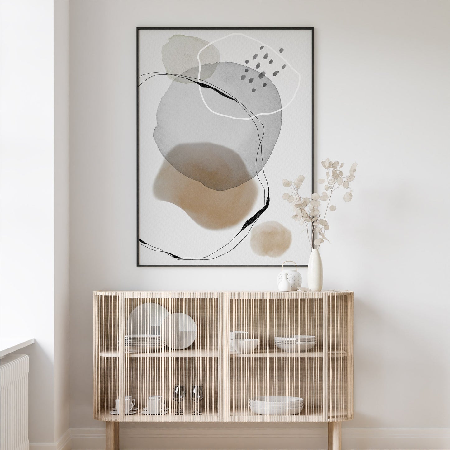 Sideboard decor with abstract Scandinavian art