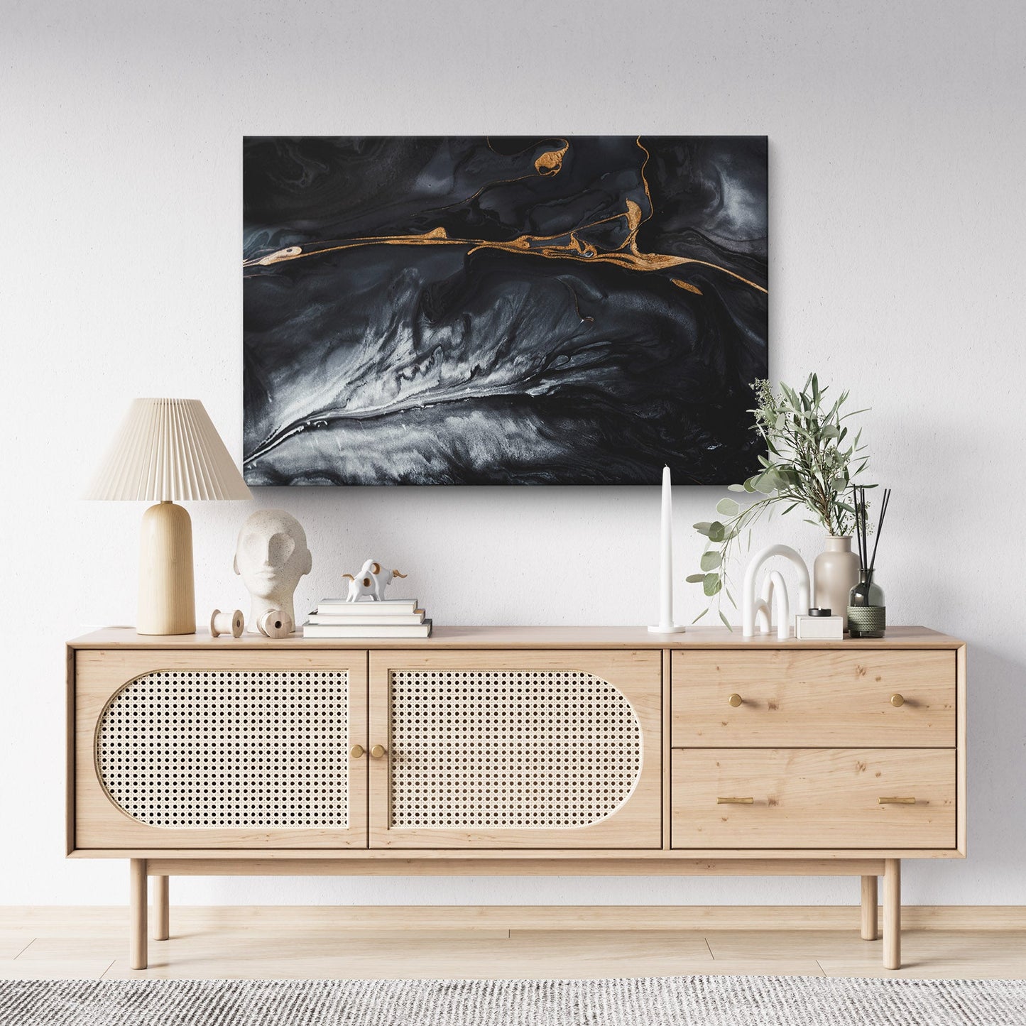 Fluid art canvas print hanging above a sidebaord