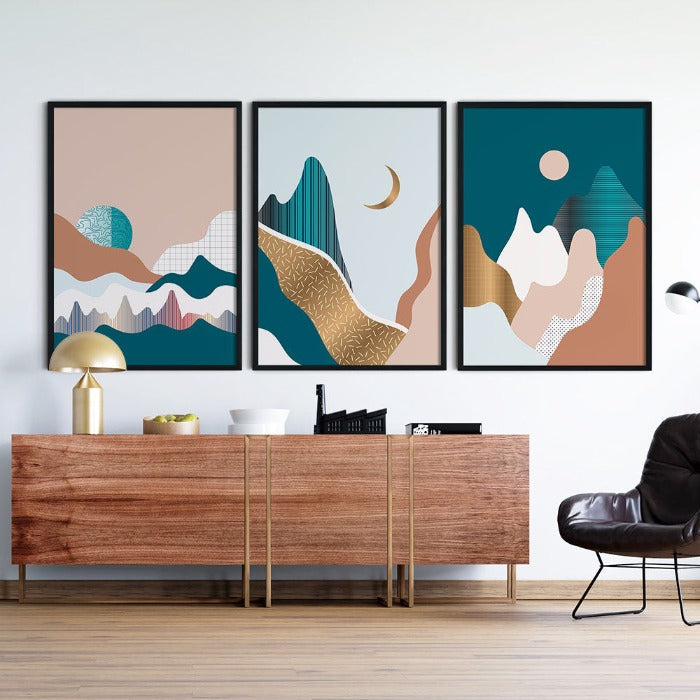 A mid century modern interior decor with 3 large art prints