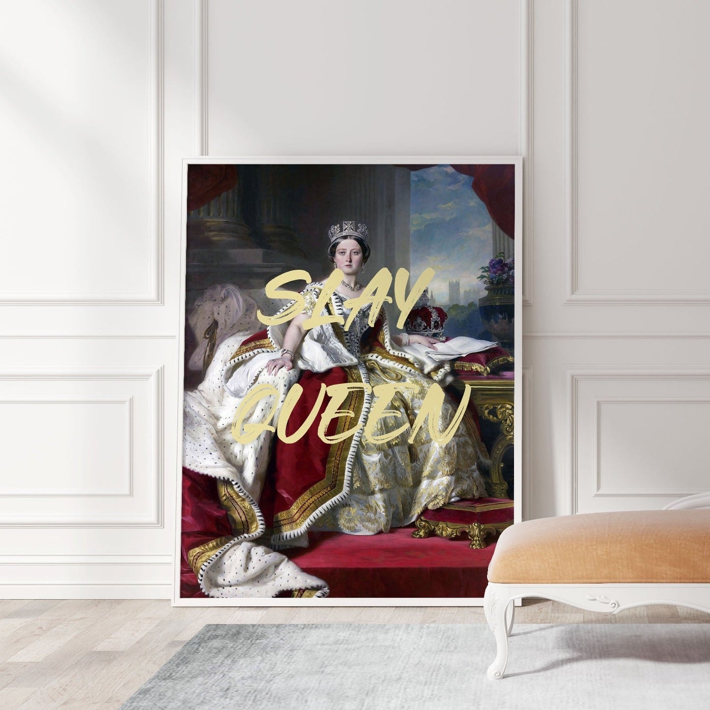 Modern interior design with altered art portrait of Queen Victoria