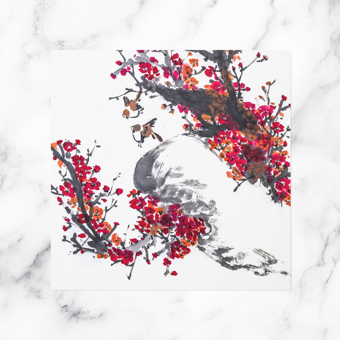 Japanese art poster of cherry blossoms in red
