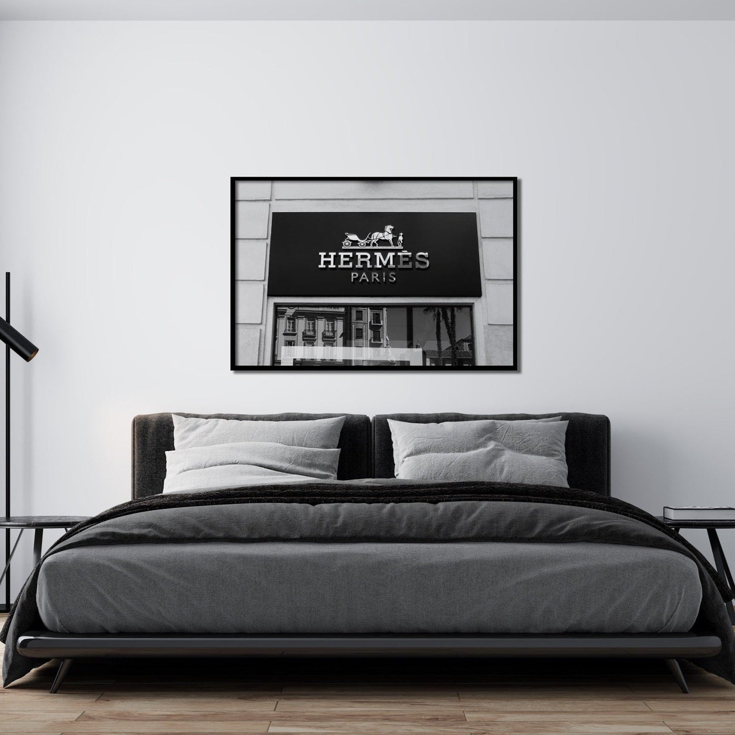 Black and white designer wall art in bedroom
