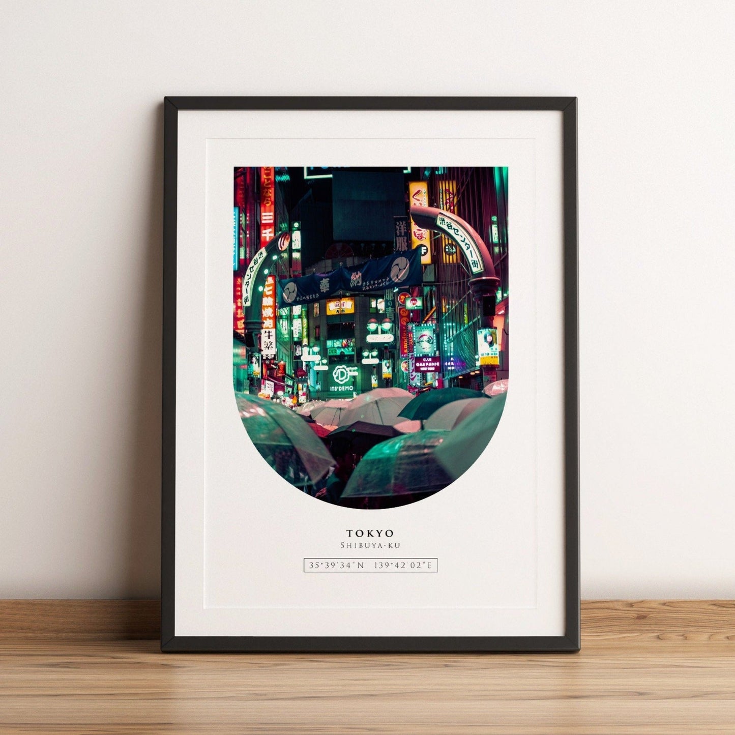 Wall art featuring a photo of Tokyo with location coordinates of Shibuya