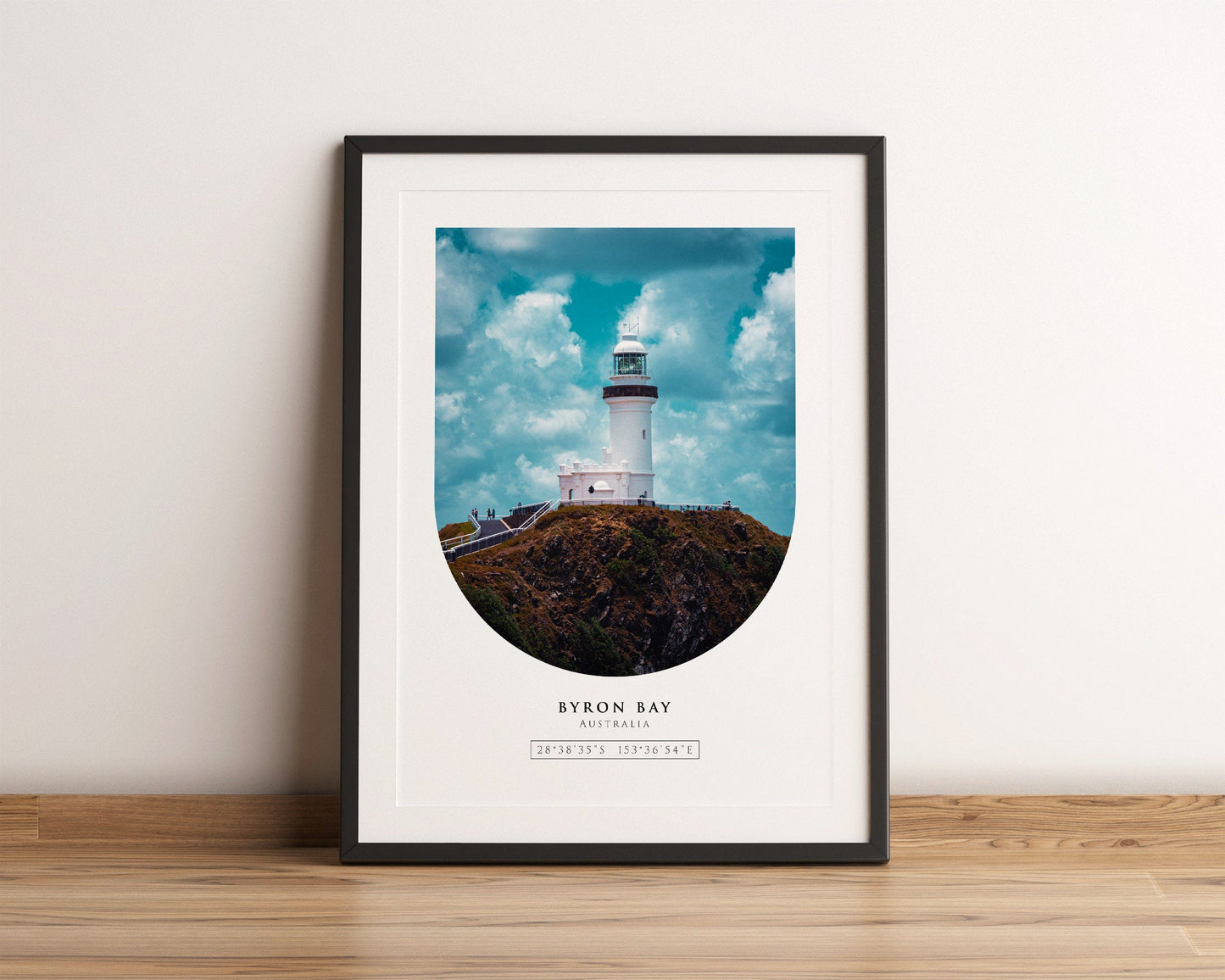 Byron Bay poster featuring light house and location coordinates