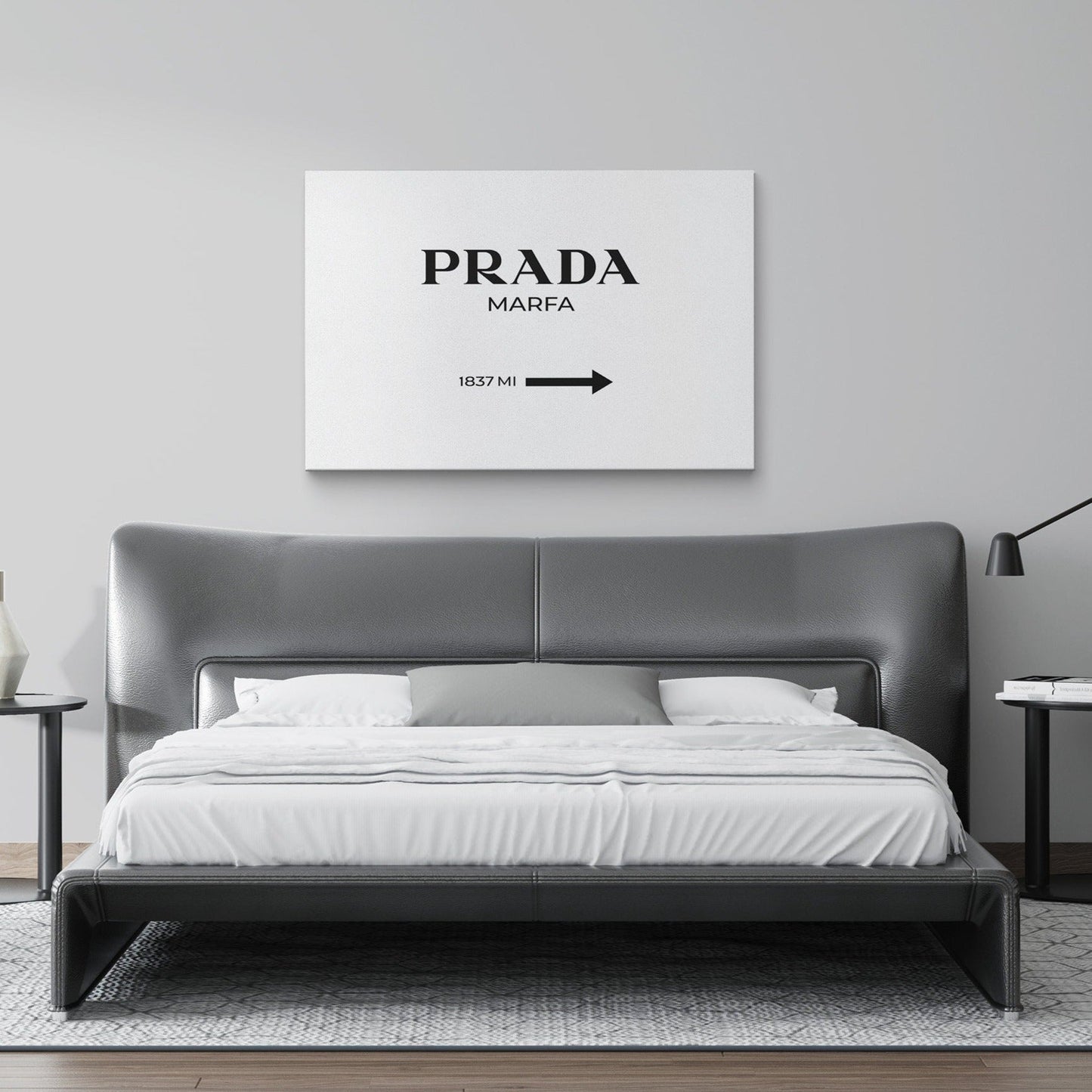 Modern bedroom decor with Prada Marfa sign