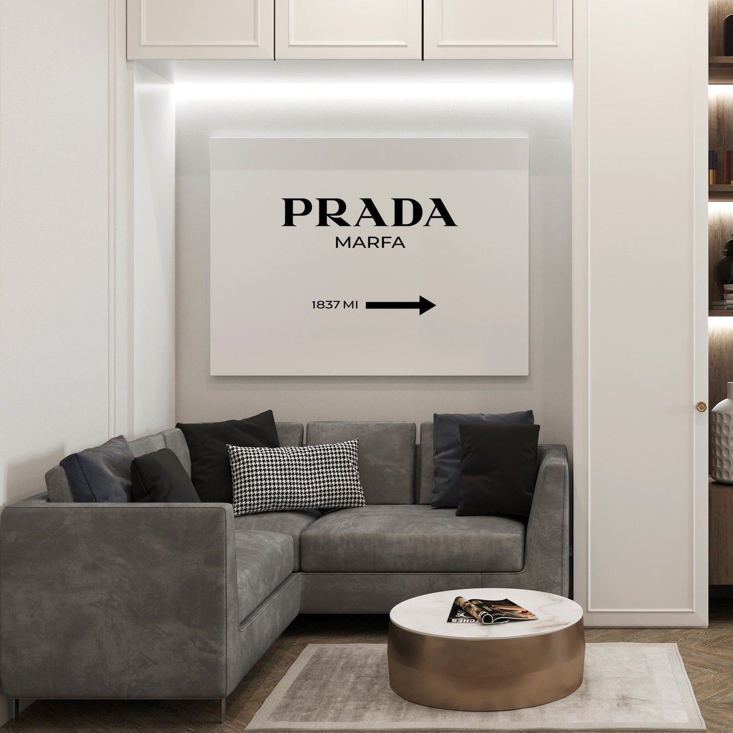 Living room decor with Prada Marfa artwork