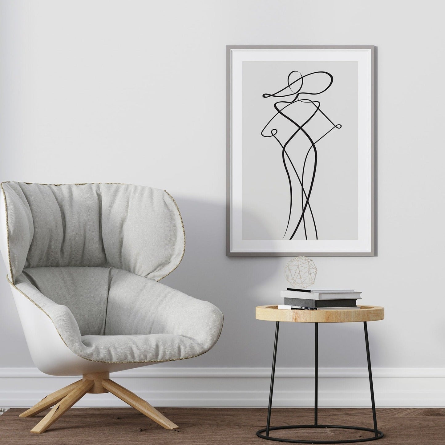 Minimalist line art poster featuring a woman with hat
