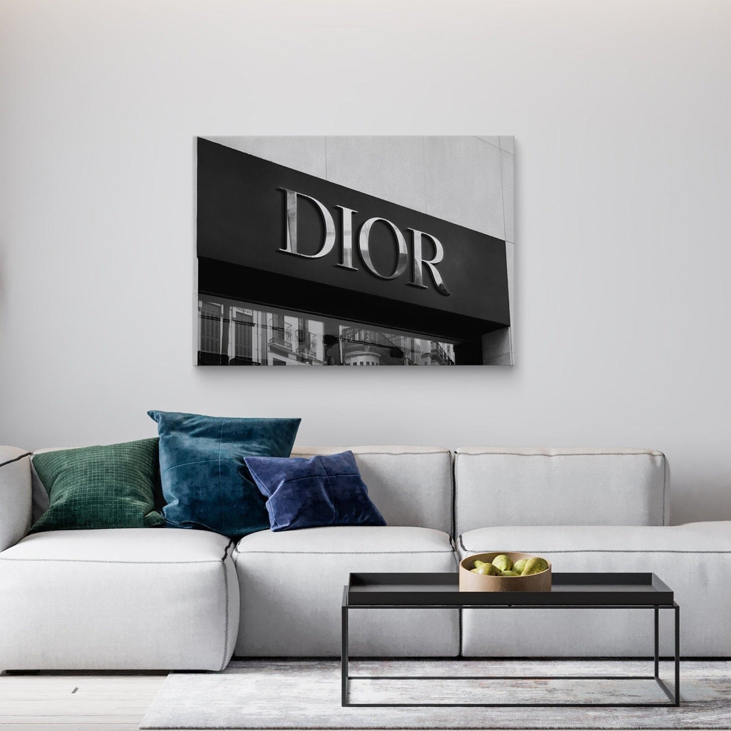 Modern living room decor with a Dior canvas print