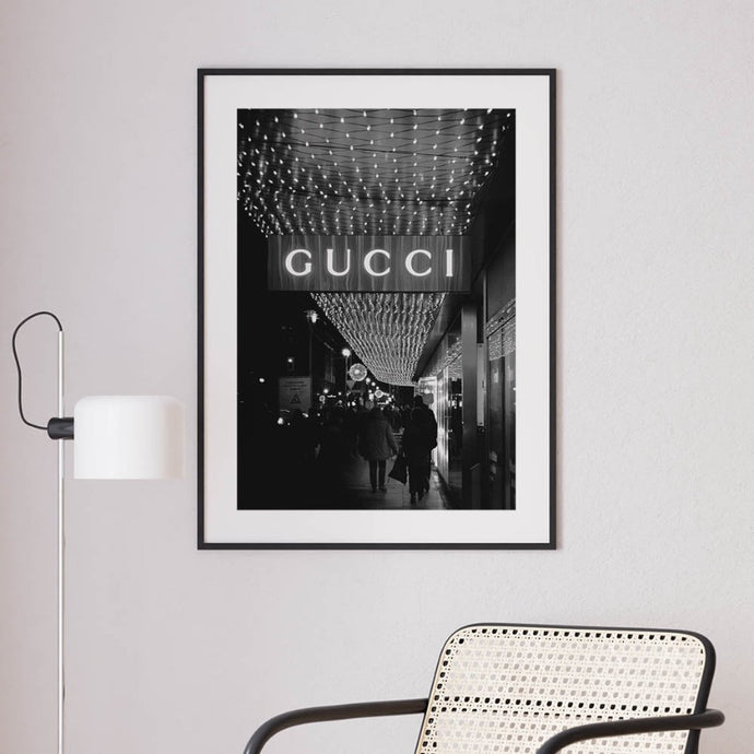 Gucci wall art of a black and white photographic print