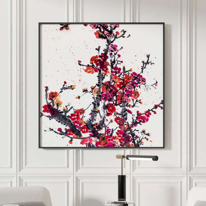 Large abstract Asian artwork featuring cherry blossoms