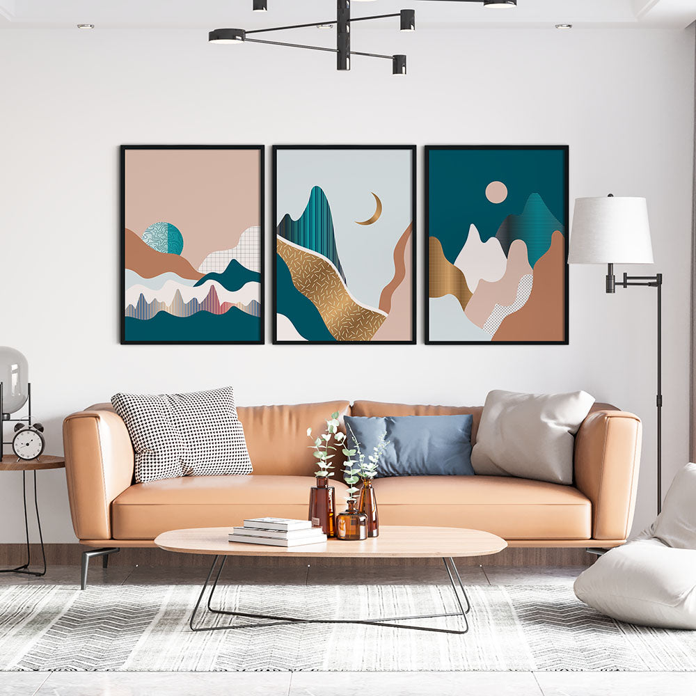 Mid century style artwork hanging above a living room sofa