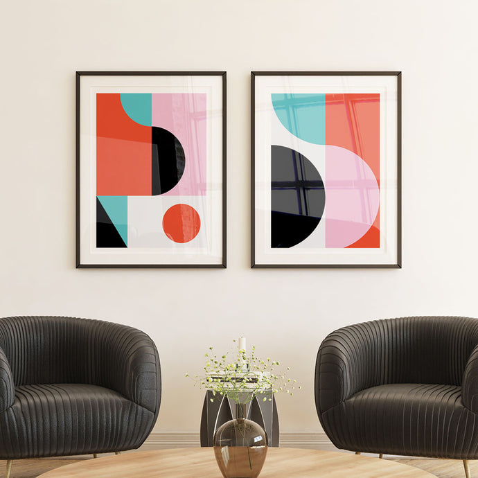 Mid century modern interior with geometric artwork in bright colors