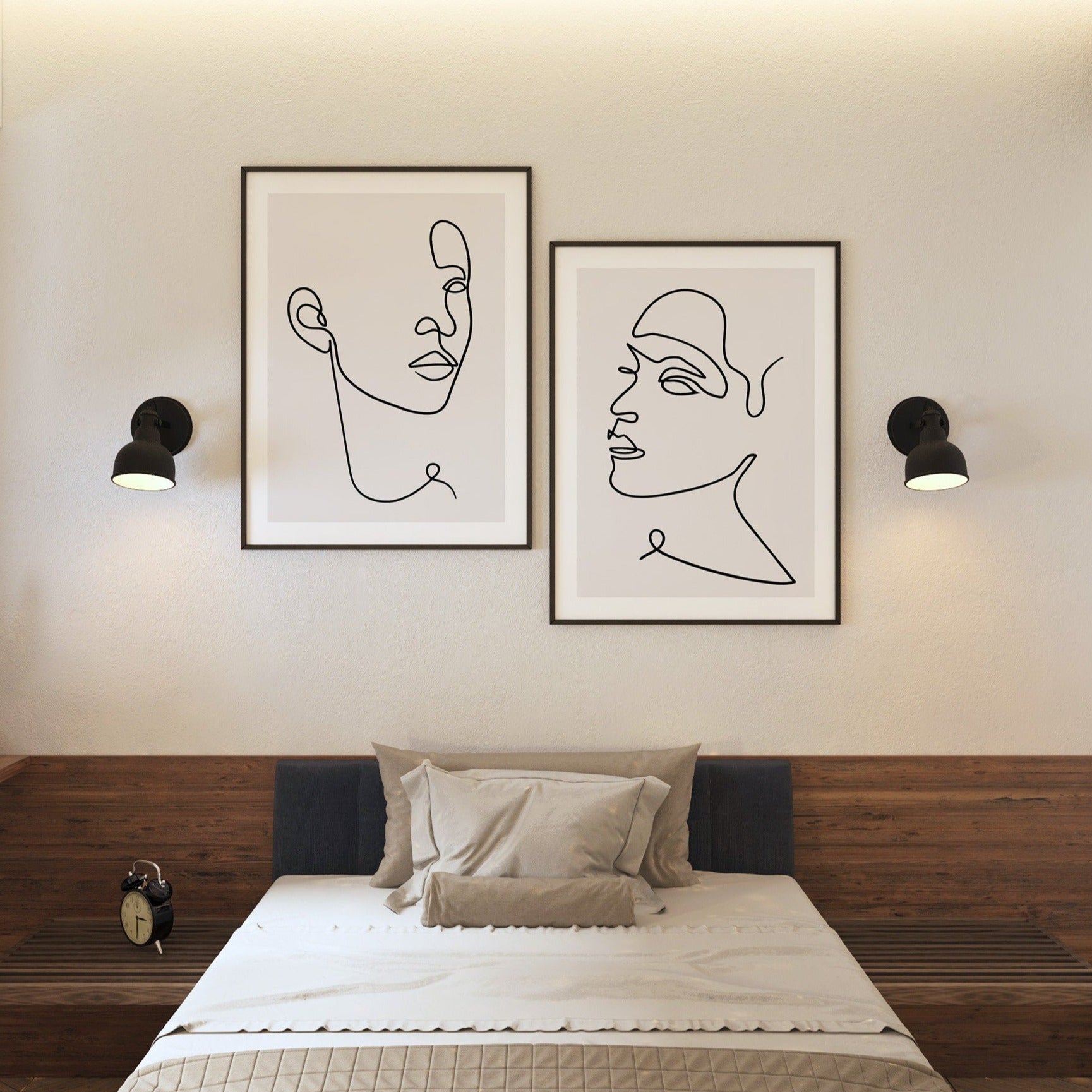 Bedroom decor with line art above bed