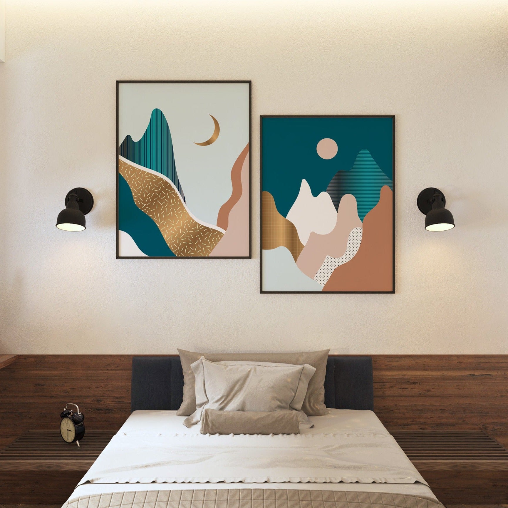 Two mid century graphical art prints hanging above a bed