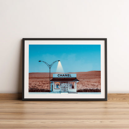 Chanel fashion shack art print in the style of Prada Marfa