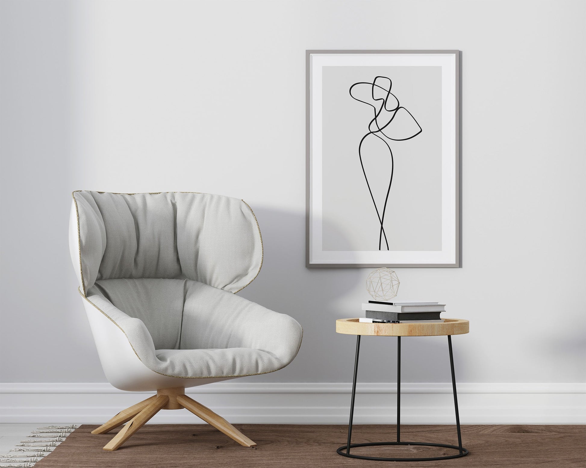 Black and white art print featuring line art woman