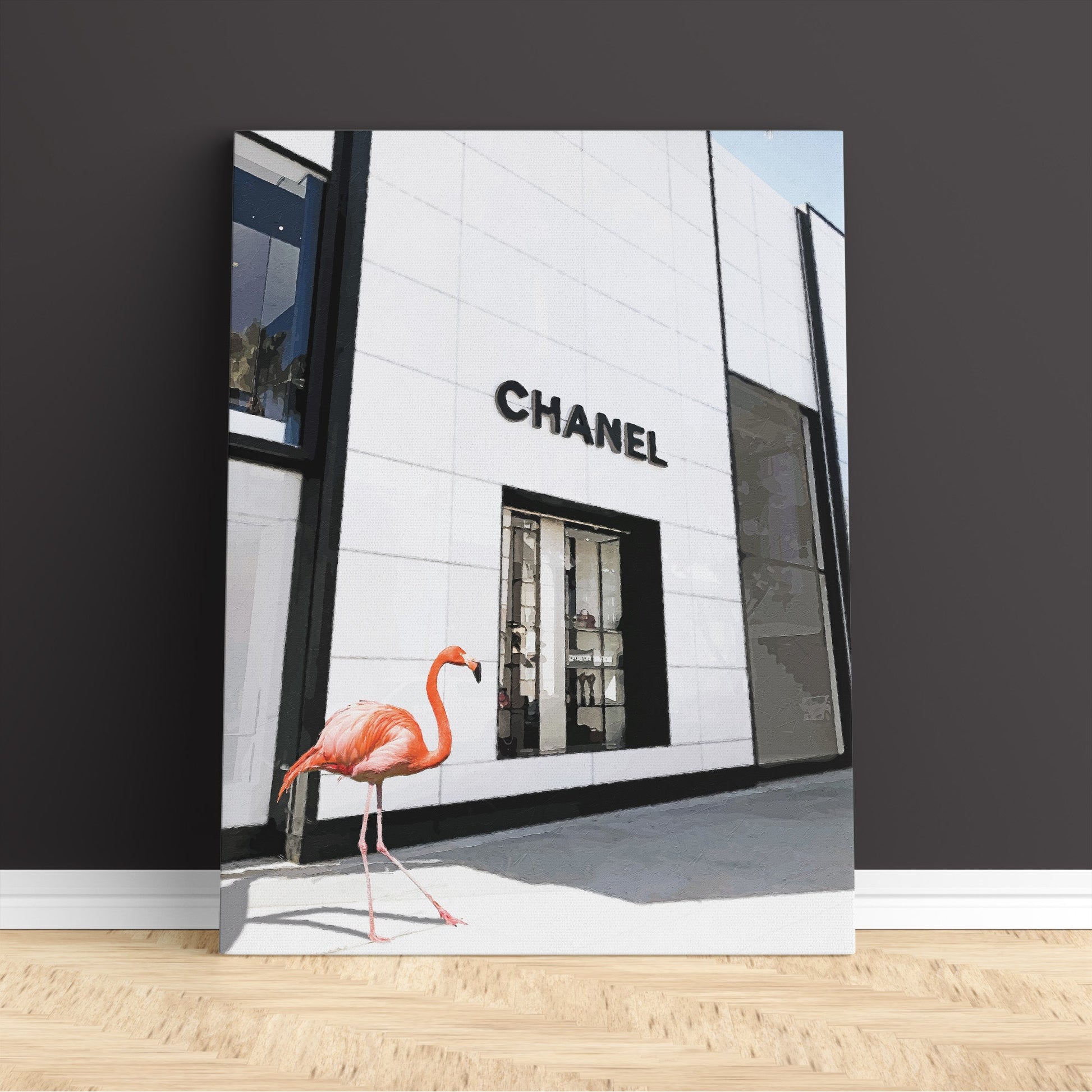 Fashion pop art featuring a flamingo outside Chanel on Rodeo Drive