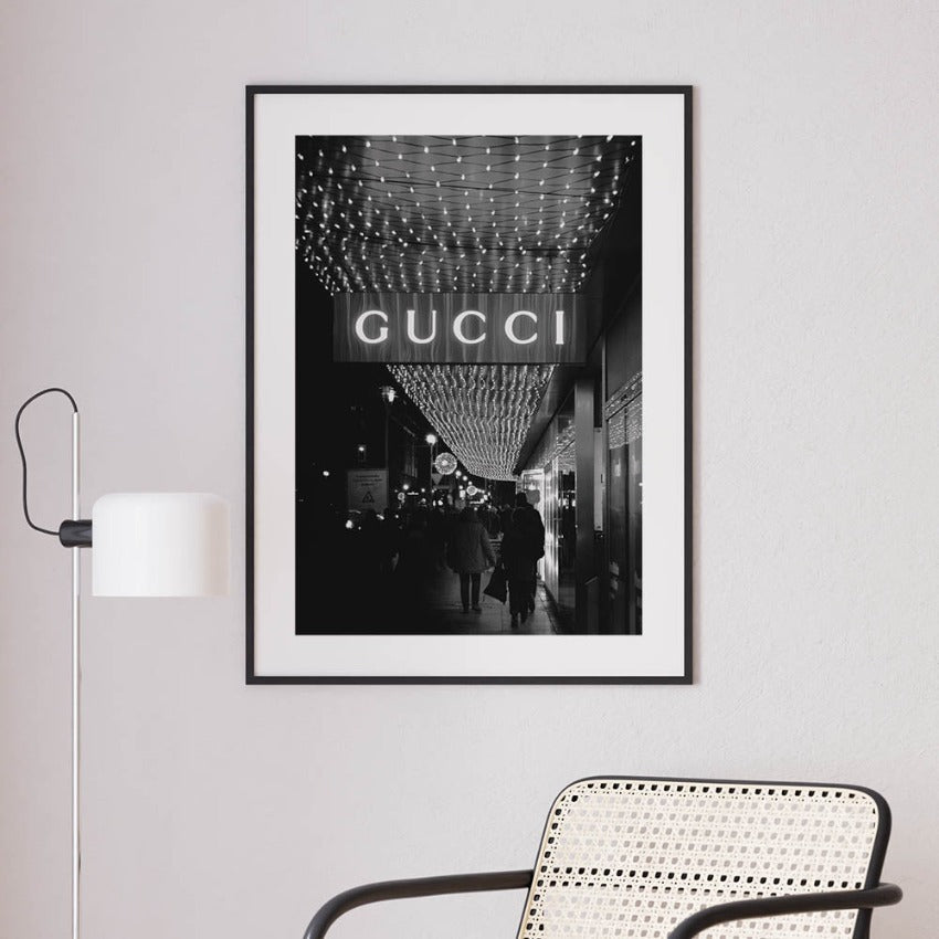 Gucci wall art of a black and white photographic print