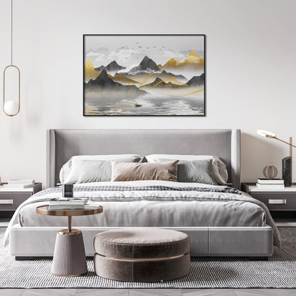 Modern bedroom decor with gold artwork