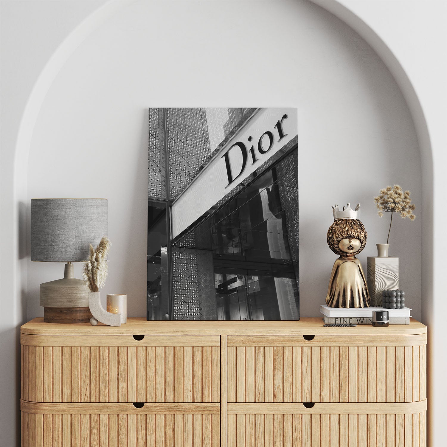 Interior decor with Dior canvas print in black and white