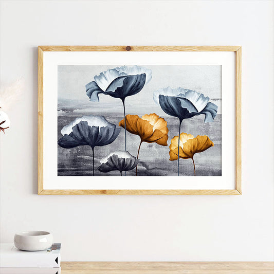 Oil painting of blue and gold flowers