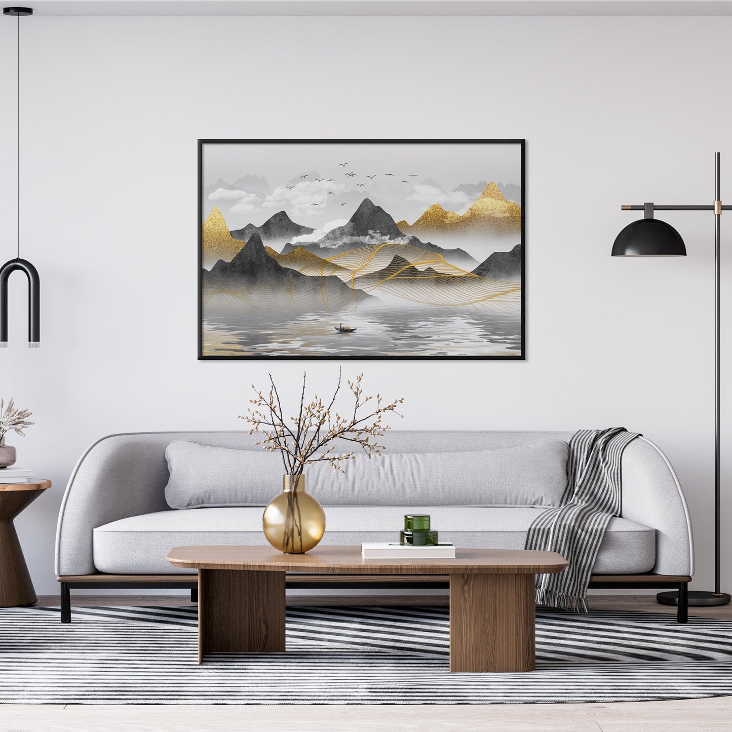 Modern living room with grey and gold wall art